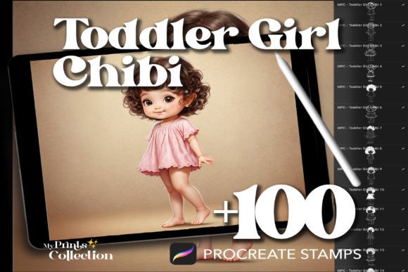 100 Procreate Toddler Girl Chibi Stamps