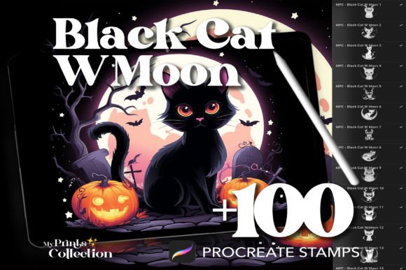 Unlocking Mystical Creativity with the 100 Procreate Black Cat with Moon Stamp Collection